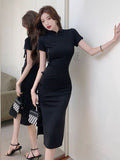 Chinese Retro Buckle Improved Cheongsam Skirt Female High-Grade Black Dress Summer Waist Open Fork And Hip Dress