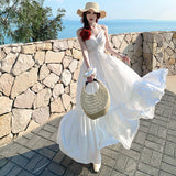 French White Moon Hanging Neck-Lup Dress Sexy Pure Wind White Temperament Atmosphere Holiday Beach Dress