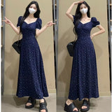 Large-Size French Lace Square Collars Blue Broken Floral Dress Women Summer Fat Mm Temperament Vintage Sweet Thin Dress
