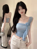 Net Red Pure Lust Lace Lace Slant Shoulder Vest Three-Dimensional Lace Han Han Yen Age-Reduced Sleeve Sexy Slimming Top