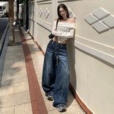 Autumn Deep Blue Vintage Cat Scratch Scimits Jeans Women Retro Water Wash Loose Broad Leg Drag Trousers