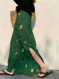 Mingmei Wears A Beautiful And Beautiful Holiday Temperament Green Print Side Open Fork A Word Half-Dressed Woman