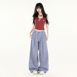 Vintage Niche Design Curved Broad Leg Pants Tidive Casual Free Blue Lattice Tug Trousers Spandex