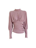 Small High-End Feeling New Chinese High-Neck T-Shirt Autumn And Winter New Slimming Waist Folding Button Bottom Shirt Woman