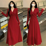Large-Size French Knitted Dress Women Autumn Slim V Collar Bottom Small Black Dress Hepburne Fat Mm Hanging Skirt