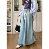 Real Shooting 2025 Korean Version Of The Retro Water Washing Tight Waist Draw Cowboy Half-Body Skirt In The Long Loose A-Word Big Swing Skirt
