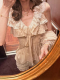 Ancient Early Vivi Day Dom Cocoon Nude Simulation Lace Lotus V Collar Lace Blouse Girl Sweet