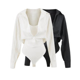 Korean White Fake Two-Piece Design Hottie Repair Long-Sleeved Hottie Sexy Conjoined Shirt Autumn