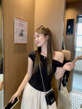 5179# Summer New Sweet Spicy Slanted Shoulder ϵion Design Short-Sleeved T-Shirt Slimming Female Integrated With Breast Cushion