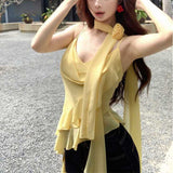 Yellow Three-Dimensional Flowers With Lotus Leaves Side Slings Women Summer Pure Lust Sweet Hot Girl Gentle Summer Beautiful Blouse