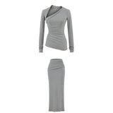 Kardashian Spice Girls New Waist Repair Irregular Long Sleeve Collar Blouse Flipped Hip Skirt Two-Piece
