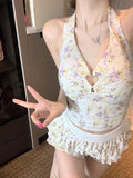 2026 New Sweet Flower Pure Lust Wind Split Swimsuit Women Bikini Flat-Angled Trousers Conservative Hanging Neck Cover Meat Thin