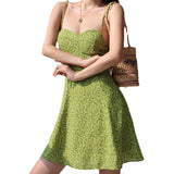 Fresh Girl Shoulder Tice Green Print Sling Dress Women Summer Waist Thin Dress Short Skirt
