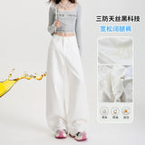 2025 Three Anti-Sky Silk Cotton Pure White Loose Broad Leg Pants Functional Jeans Simple Thin Anti-Oil Pollution