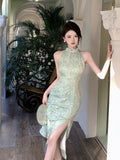 New Chinese Style Breeze Breeze Cold Green Improved Cheongsam Sexy Style Thousands Of Beautiful Hanging Neck Dress Women Summer