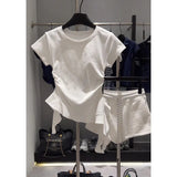 Korean Version Of The Spice Girls Round Collar Shoulder Short-Sleeved T-Shirt Girl Summer Self-Cultivity Design Sense Of Irregular Lotus Leaf Top