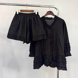 Korean Chic Design Is Sweet Heavy Industry Wood Ear Splicing Age-Rearing Shirt + High-Waist Shorts Two-Set 2 Color
