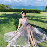 2025 Holiday Style Dress 2025 Spring 2025 New Design With A Bosom Long Skirt Purple Mesh Dress