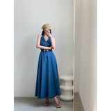 Korean Chic French High-Grade High-Rise Thin Casual Grinding Neck Buckle Sexy Denim Dress