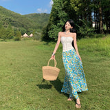 Seaside Holiday Style Suit French Rope Smear Vest Top Woman Early Autumn Blue Floral Half Dress Two Sets