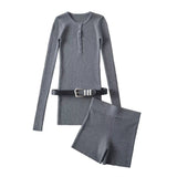 Spice Girls Early Autumn With Comfort Grey Knitted Sexy Playful Thin Belt Shorts Fashion Casual Suit Woman