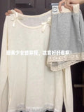 Early Spring Wear A Set Of Female Gentle Wind Bow Lace Spliced Long-Sleeved T-Shirt + Gray Shorts Two Sets