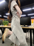 2026 New French High-End Gray Dress Summer Women's Small Casual Temperament Waist Dress
