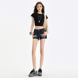 Vintage Low-Rise Double-Buckle Denim Shorts Women's Summer Design Feel-Up Elastic Skinny Hot Trousers