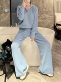 Waffle Knitted Trousers Spring And Autumn New Loose Leisure Lazy Elastic Tight Waist Broad Leg Trousers