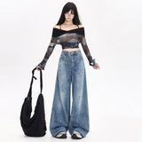 High Street Design Splashed With Painted Broad-Legged Jeans Women's Autumn Dress Retro Old Wasteland Trousers