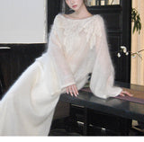 Tender One-Word Lace Horse Seaweed Top With Knitted Half-Dress Two-Set Set