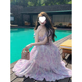 French Sweet Purple Sling Dress Woman Summer High Waist Thin Seaside Holiday Dress Dating Long Dress