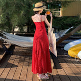 2025 New Retro Pure Red Strap Slings Broken Flower Dress Women's Waist Thin Temperament Dress