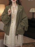 French Fine-Flash Fairy Dress / Silk Cotton Water Wash Retro Army Green Jacket Trench Coat