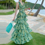 2026 French Holiday Dizzling Green Hanging Neck Hanging Cake Dress Summer New Sanya Seaside Resort Dress