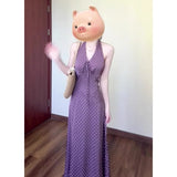 Hong Kong Style Retro Wave Point Hanging Neck Dress Female Summer French Holiday Style Temperament V. Waist Show Skinny Dress Purple