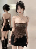 Vintage Sexy Babes Leopard Print Chest Drill Irregularly Carefully Machine-Skinny Collarbone Waistcoat
