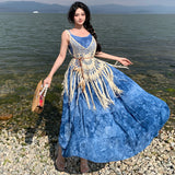 Suspension Hooded Yunnan Tie Dyed Sleeveless Dress Super Fairy Seaside Vacation Sling Skirt National Style 2025 New