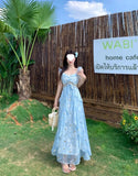 French Tea Break Blue Sling Skirt Women's Summer Tourism Beach Sweet Sunset Large Dress