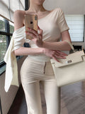 French Babes Ribbon Slanted Shoulders Short-Sleeved T-Shirts In The Summer New Design Sense Of Irregular Thin Temperament Top