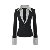 Korean Hottie Fake Two Long-Sleeved Shirt T-Shirt Spliced Fashion Pick-Up Waist Stripes Outside To Put On The Woman