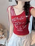 5118 # Summer New Sweet And Spicy Kitty Cat Lattice Spliced Oblique Shoulder Vest T-Shirt Female Side Strap Chest Cushion