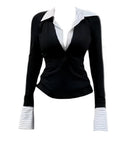 French Slim Fat MM Fake Two Splicing Long-Sleeved Hong Kong Wind Chic Spring New Slimming Black Top