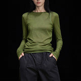 High-End Long-Sleeved Round-Neck T-Shirt For Women's Autumn New Green Simple Leisure With Thin Mask T-Shirt