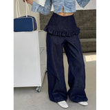 Korean Chic Niche Design Lace Skirts To Fake Two Straight Trousers Thin Deep Blue Jeans
