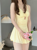 Milk Yellow Kinky Dress-Style Swimsuit Women V Collar Hollow Meat Cover Thin Hot Springs Swimsuit