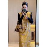 Small Dress Name Plus Plus Thick New Chinese Style Yellow Woolen Sleeveless Vest Cheongsam Dress Tide
