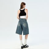 3016 Retro-Blue Retro Five-Point Trousers Shorts Men's Summer Loose Broad Leg Pants Spandex