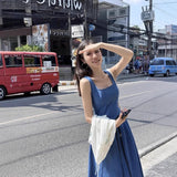 Blue Mist Love French Dress Women's Summer Niche Design Feel Waist Temperament Sling Dress Blue Dress