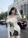 One-Word Shoulder Lotus Leaf Side Long-Sleeved T-Shirt Girl Autumn And Winter Pure Sweet Hot Girl Bare Shoulder Dress Irregular Bottom Shirt